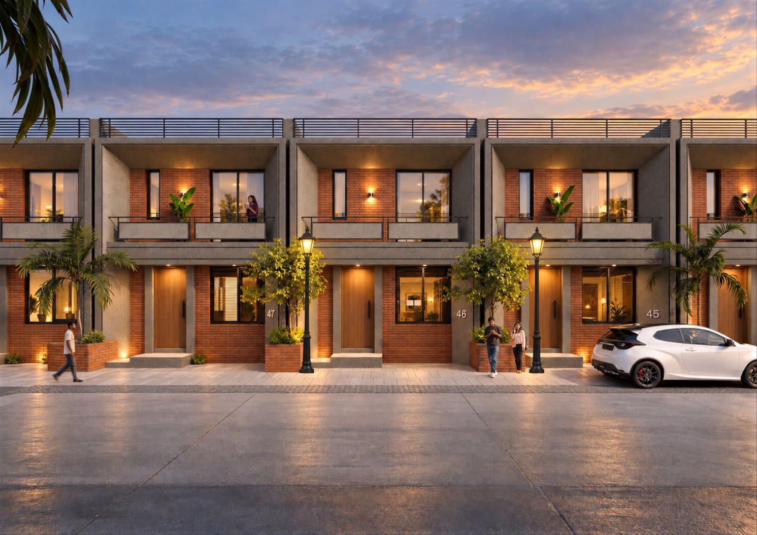 Front view of four Lake Tree Avenue townhouses at dusk, each with a timber front door, a balcony above and a terrace on top. Artist's impression.