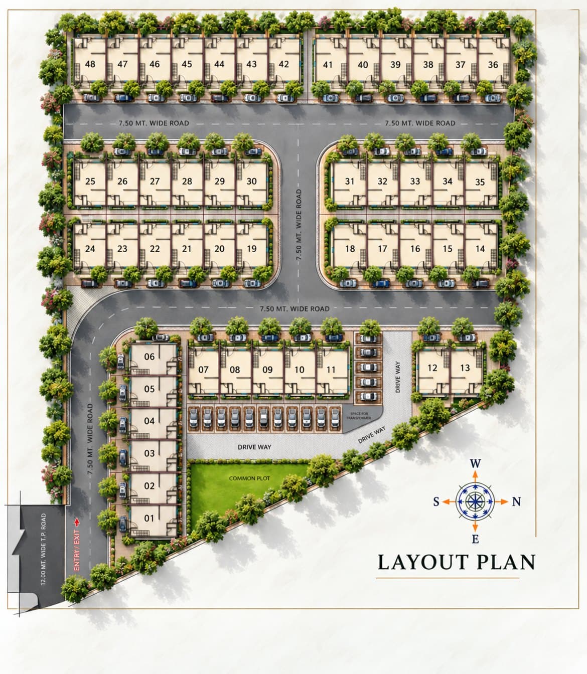 Lake Tree Avenue layout plan: 48 plots along 7.5-metre internal roads, parking in front of each house, visitor parking, the common plot garden and the entry gate