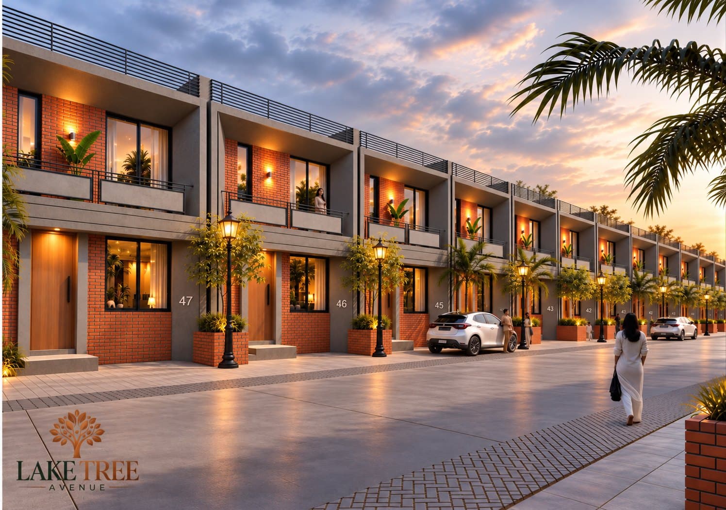 The Lake Tree Avenue townhouses along the paved avenue: brick and grey fronts, glass balconies, terraces above, trees and street lights. Artist's impression.